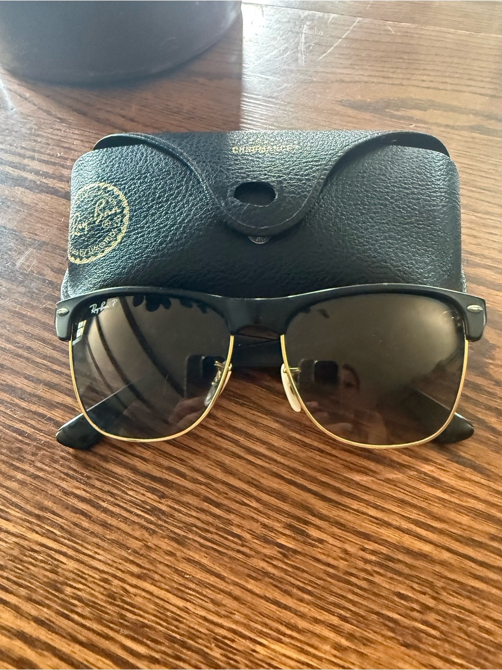 Ray-Ban Black and Gold Clubmaster-Style Sunglasses with Brown Lenses